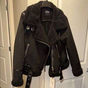 Zara Black Jacket with Shearling Trim